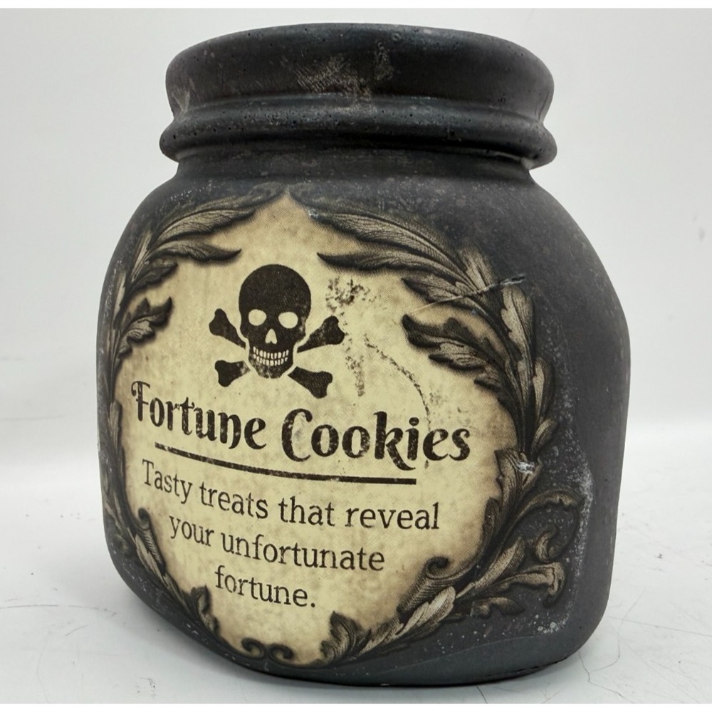 Halloween Fortune Cookies Jar Skull Crossbones Black Faux Apothecary Decor 5"